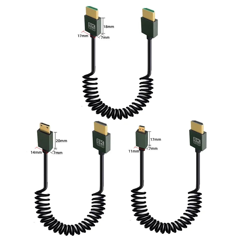 8K UHD Cable High Speed HDMI-compatible Mini/Micro HDMI-compatible Coiled Cord for HDTV Laptop PC PS4 Camera DV Monitor Display