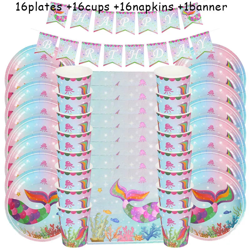 Mermaid Party Decorations Supplies Mermaid Disposable Plates Cup Napkins Set for Girls Baby Shower Mermaids Princess Birthday