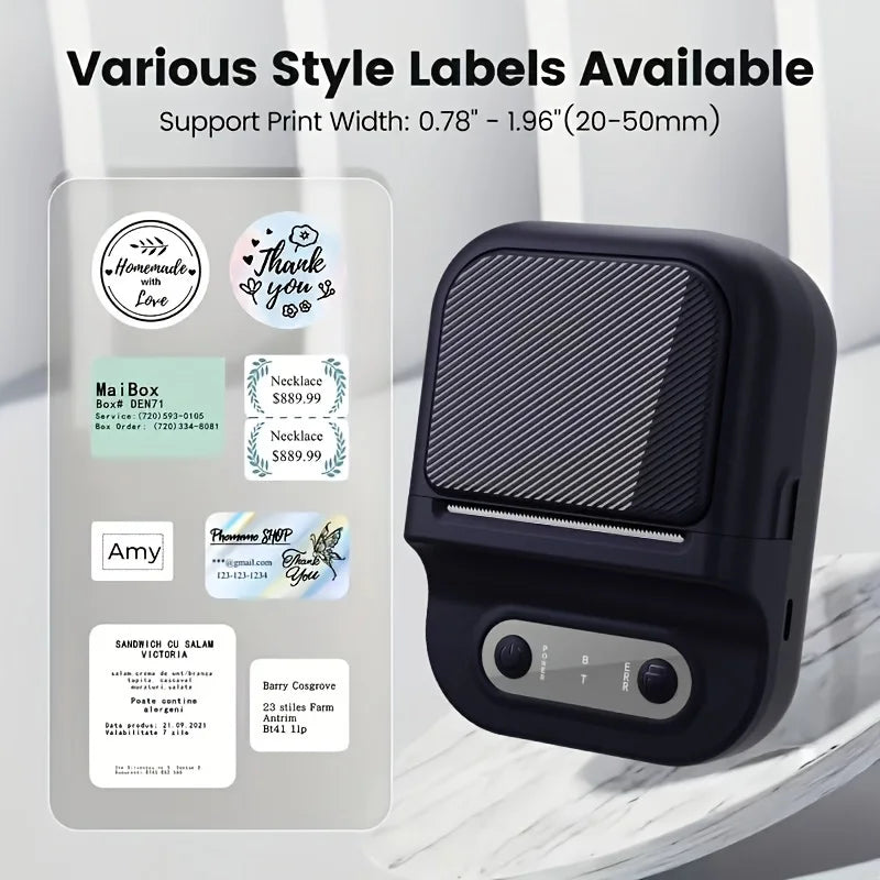Portable Label Printer Mini Thermal Printe Self-adhesive Inkless 12-58mm Label For School/ Home/ Office/Supermarkets/ Warehouses