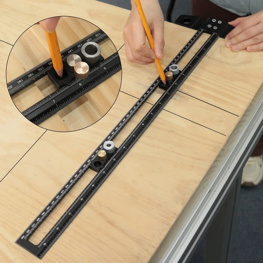 300/500MM Woodworking 2 in 1 Drilling Positioning Scoring Ruler - Adjustable T Square - Aluminum Scriber Marking Gauge Tool