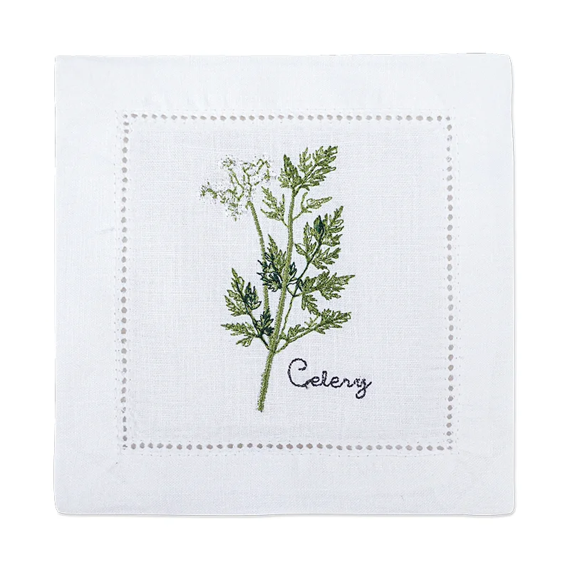 New Embroidered Herb Cocktail Napkin, Pure Linen, Lavender, Rosemary, Mint，Sage，Natural, Elegant, Tea Napkin, 15x15cm,