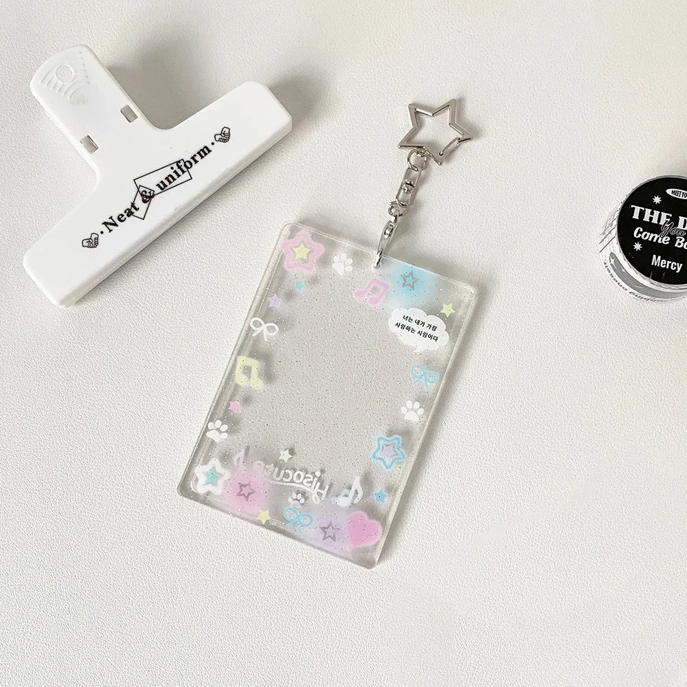 1PC Colorful Graffiti Love Glitter Card Sleeve Transparent Three-inch Mini Card Protector Key Chain Pendant Photo Holder