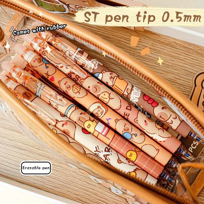 6Pcs Cute Capybara Gel Pen Set Kawaii Quick Drying Erasable Blue Ink Pens For School Office Stationery Supplies