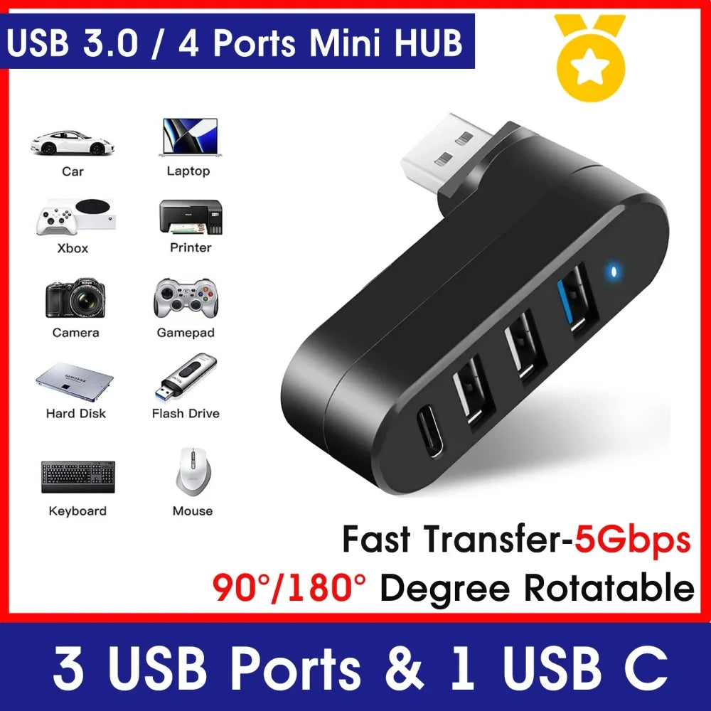Mini Splitter 4 Ports USB Hub 3.0 Box Rotatable USB Data Transfer Multiple Expander For Computer Laptop MacBook PC Accessories