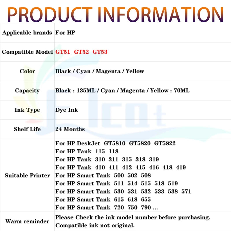 GT51 GT52 GT53 GT5810 GT5820 Refill Ink Dye ink For HP Smart Tank 450 455 500 510 515 519 530 559 615 618 655 720 750 Printer