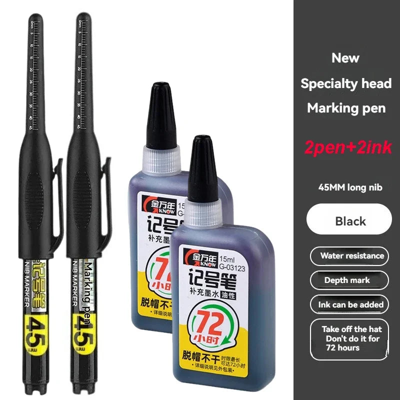 1-12 PCS 45mm Tip Waterproof Long Head Marker Pen Quick-Dry Ink for Woodworking Construction, Deep Hole White Black Red Blue