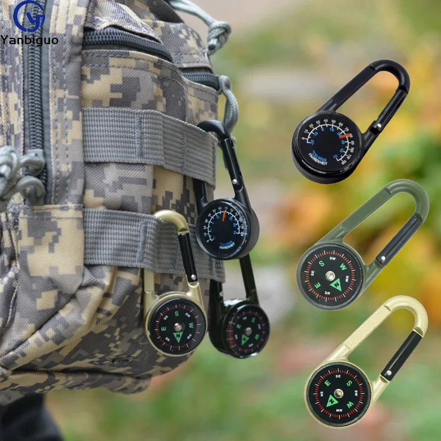 1 Pc Compass Thermometer Carabiner 3 in 1 Mini Compass Carabiner Clip Outdoor Hiking Survival Key Ring Double Sided Metal