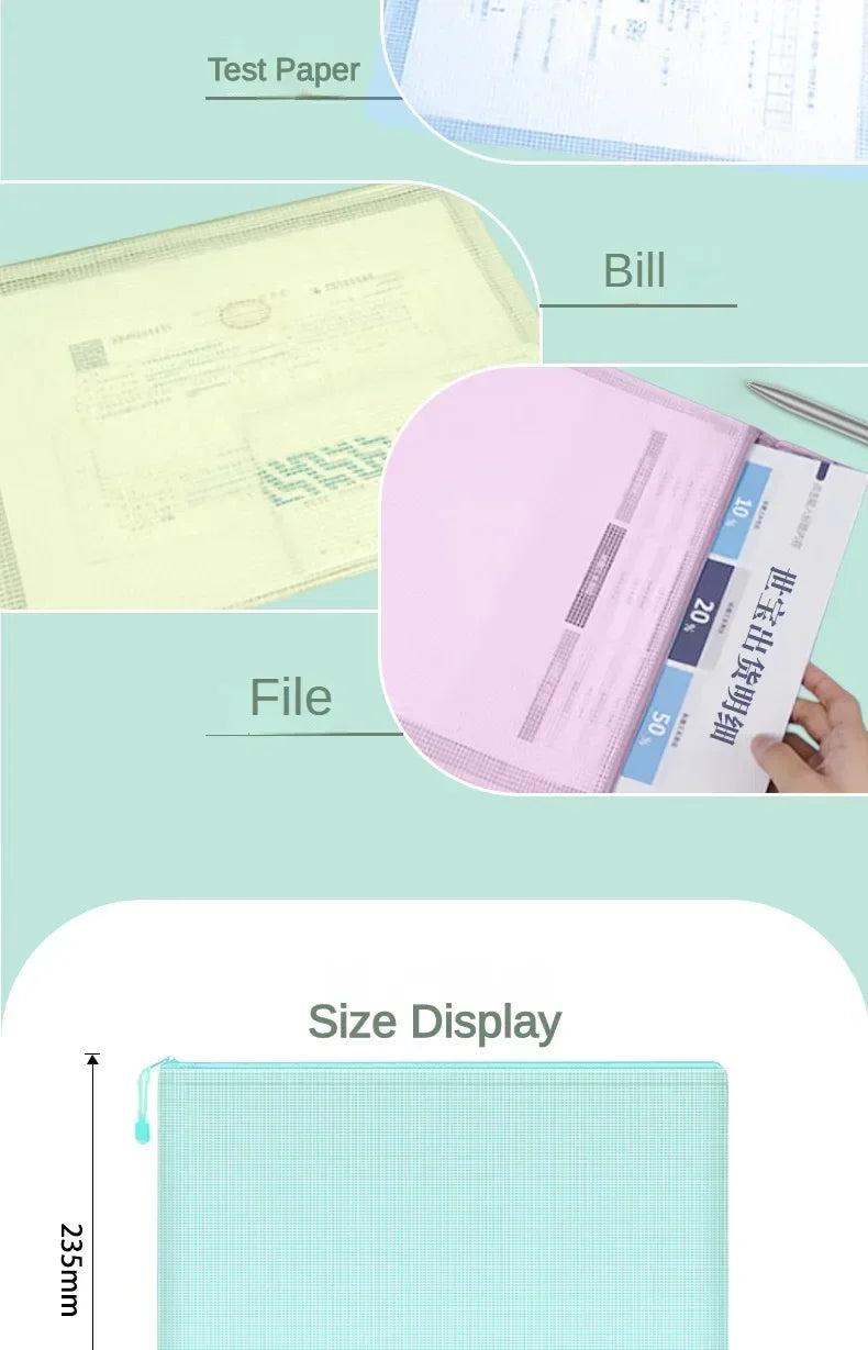 5 PCS A4 A5 A6 Mesh Zipper Pouch Document Bag Waterproof Zip File Folder Storage Bags A4 A5 A6 Office School Supplies Stationery