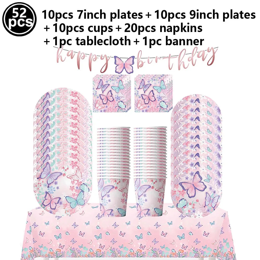 Butterfly Birthday Party Decoration Disposable Party Plates Cup Napkin Tablecloth Butterfly Knìfe Birthday Decoration Baby Showe