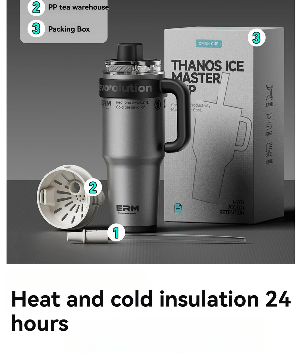 1200ML Extra Large Ceramic Tumbler Drinkware Stainless Steel Water Bottle Insulated Vacuum Flask Straw & Handle Leakproof