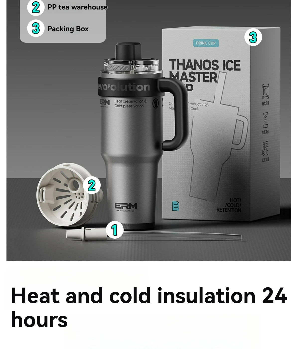 1200ML Extra Large Ceramic Tumbler Drinkware Stainless Steel Water Bottle Insulated Vacuum Flask Straw & Handle Leakproof