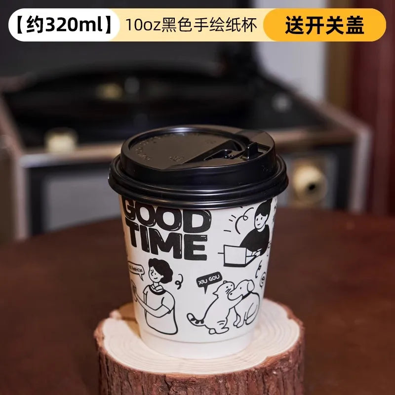 50pcs Cartoon Graffiti Coffee Cups 90 Caliber Disposable Fresh Milk Juice Paper Cup Milk Tea Hot Drink Takeaway Packaging Cup