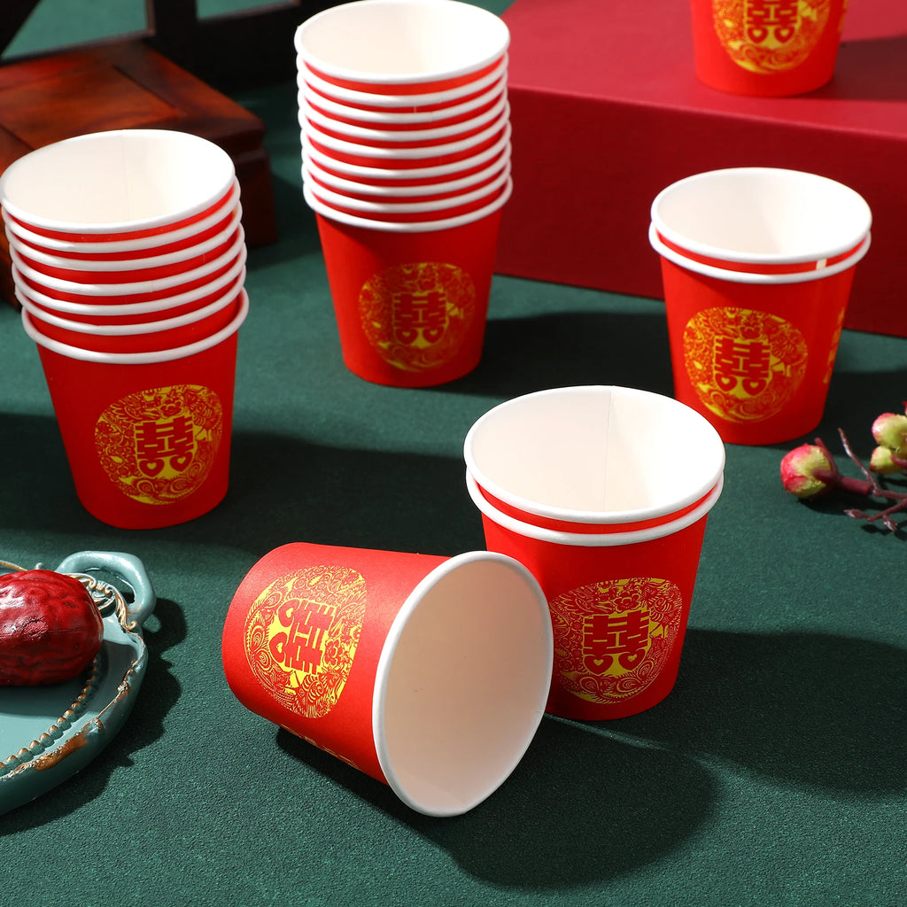 100Pcs Red Double Happiness Paper Cup Chinese-style disposable Festival Tea cup Wedding Banquet Serving drinking cups