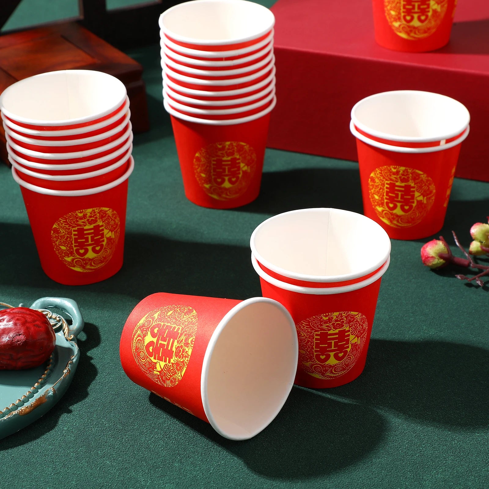 100Pcs Red Double Happiness Paper Cup Chinese-style disposable Festival Tea cup Wedding Banquet Serving drinking cups