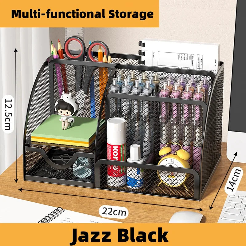 7 Compartment Metal Mesh Desktop Organizer with Drawer Pen Pencil Holder Stationery Storage for Home Office School Students Dorm