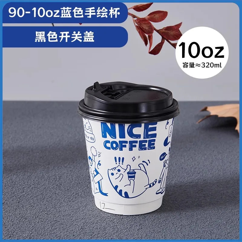 50pcs Cartoon Graffiti Coffee Cups 90 Caliber Disposable Fresh Milk Juice Paper Cup Milk Tea Hot Drink Takeaway Packaging Cup