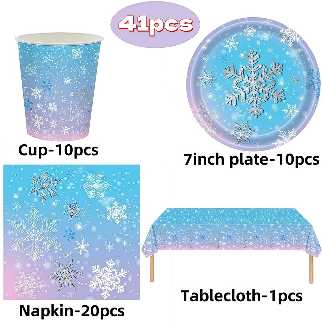 Christmas Snowflake Party Supplies Tableware Set Cups Plates Napkins Tablecloth Blue Purple Snowflake Birthday Decoration Props