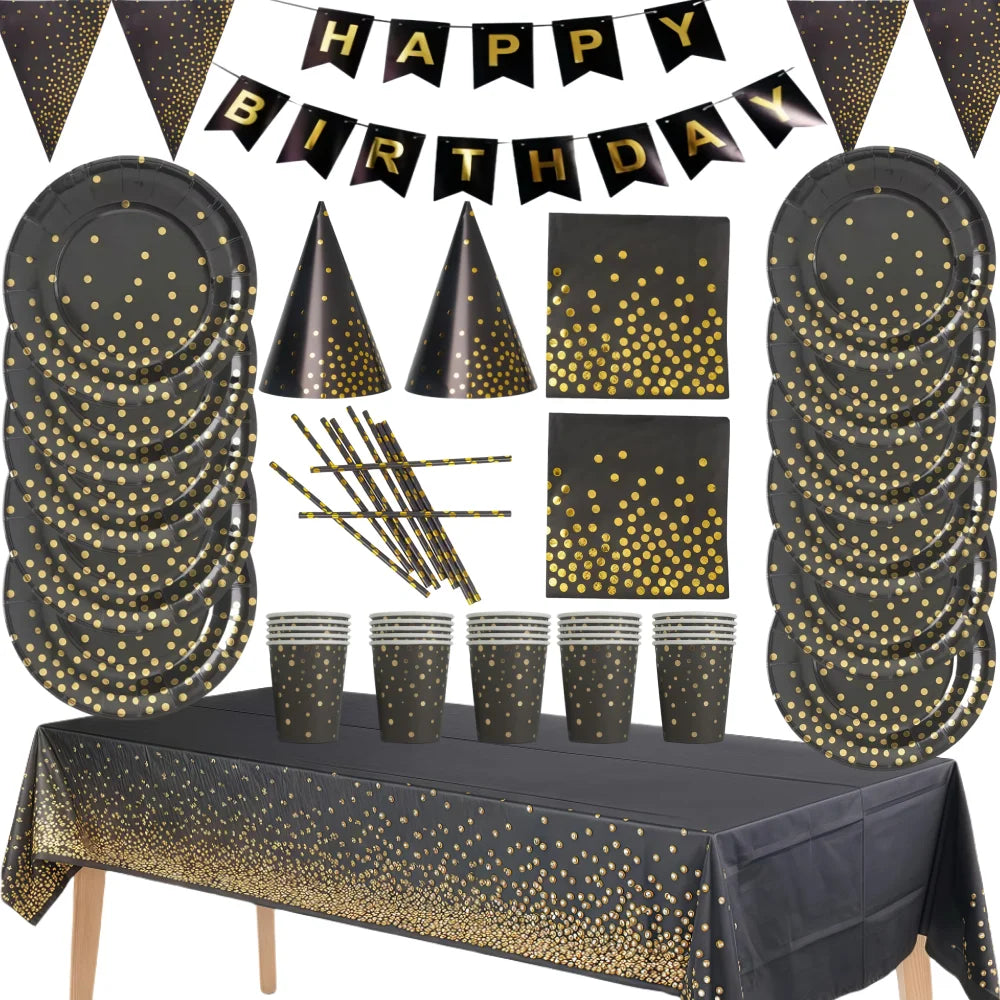 Black Gold Birthday Party Decorations Tableware Paper Plates Cups Napkin Tablecloth for Adult Kids Happy Birthday Party Supplies