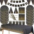 Black Gold Birthday Party Decorations Tableware Paper Plates Cups Napkin Tablecloth for Adult Kids Happy Birthday Party Supplies