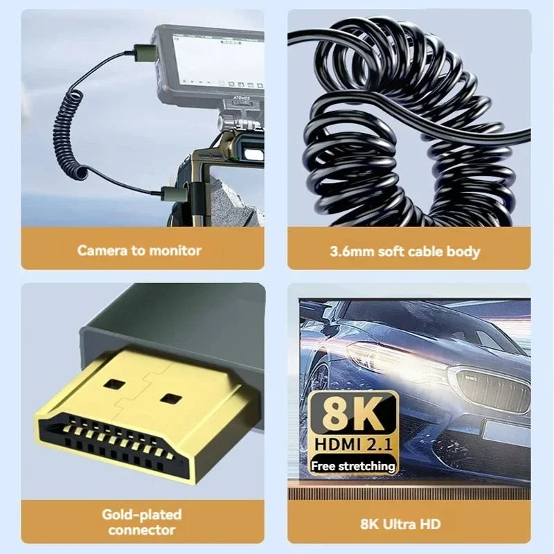 8K UHD Cable High Speed HDMI-compatible Mini/Micro HDMI-compatible Coiled Cord for HDTV Laptop PC PS4 Camera DV Monitor Display
