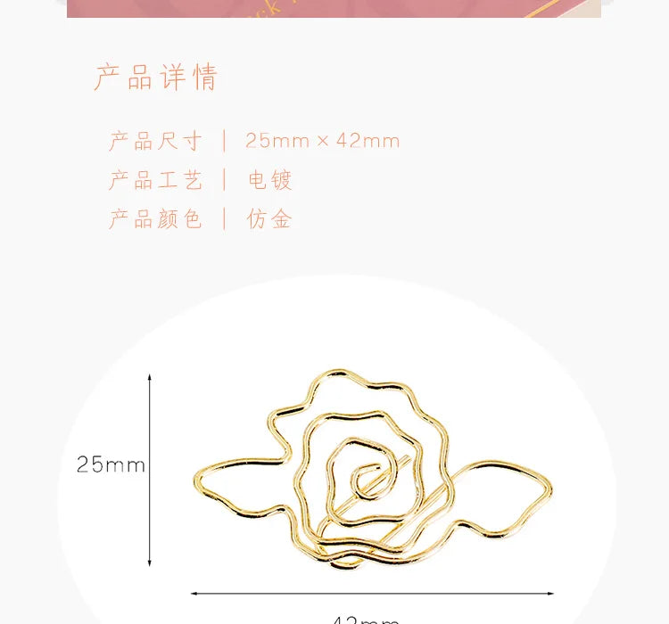 10pcs Gold Rose Flower Paper Clip Wholesale Metal Diy Flower Planner Stationery Supplies Bookmark Gift Shaped Paper Clips