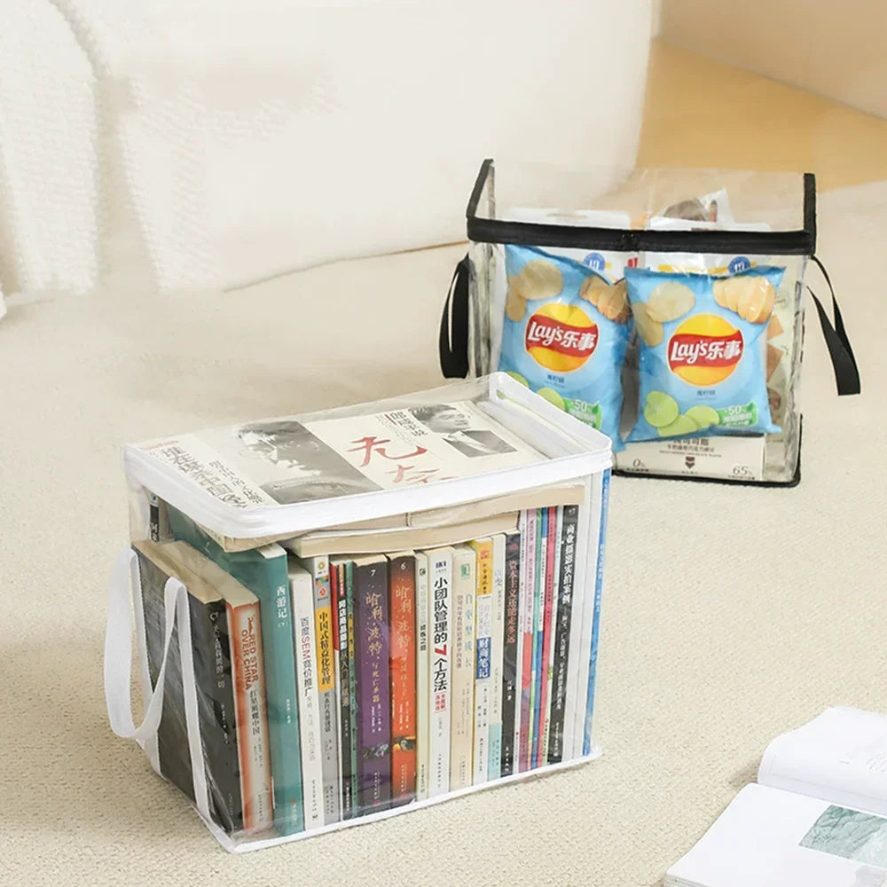 Foldable Transparent Storage Organizer Box Collapsible with Handle for Books Toys Office Supplies Dorm Classroom Home