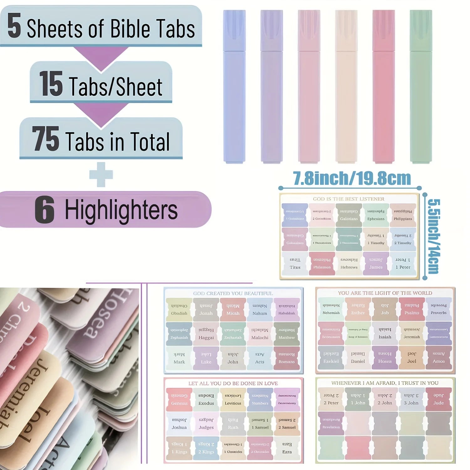 75 Bible Tabs With 6 No Bleed Highlighters,Morandi Theme, Bible Indexing Tabs,Bible Book Tabs,Bible Labels Tabs+Pens
