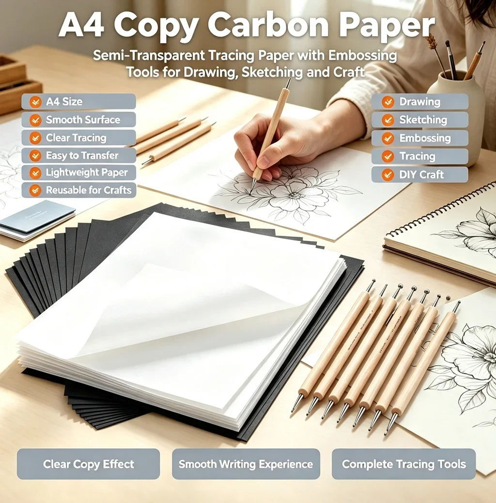 50 Sheets A4 Carbon Copy Transfer Paper, Reusable Graphite Tracing Paper for Painting Sewing Wood Fabric DIY Craft & Office Draw