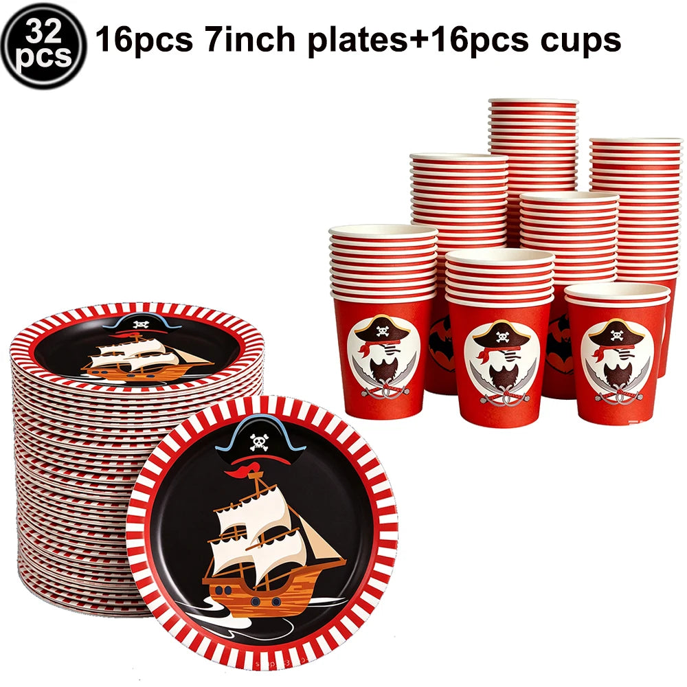 Pirate Party Paper Plate Cup Napkin Party Tableware Pirate Party Decor Pirate Ship Bone Dinnerware Supplies for Adult Kids Decor