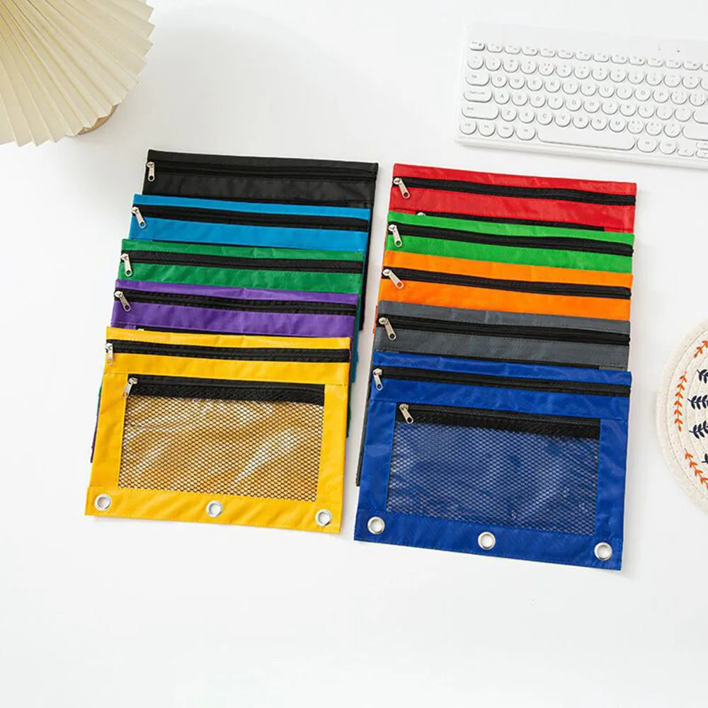 Double Zipper Pen Bag 3 Rings Binders Pencil Case File Bag Pencil Box For Erasers Rulers Markers Storage