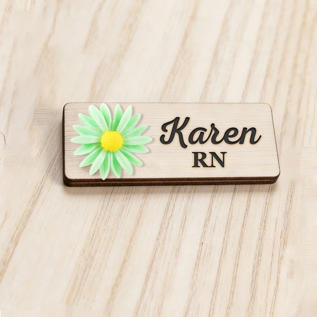 Personalized 3D Chrysanthemum Wooden Name Tag Badge with Magnetic or Pin Backing, Daisy Flower Nurse Teacher Doctor Name Tag,