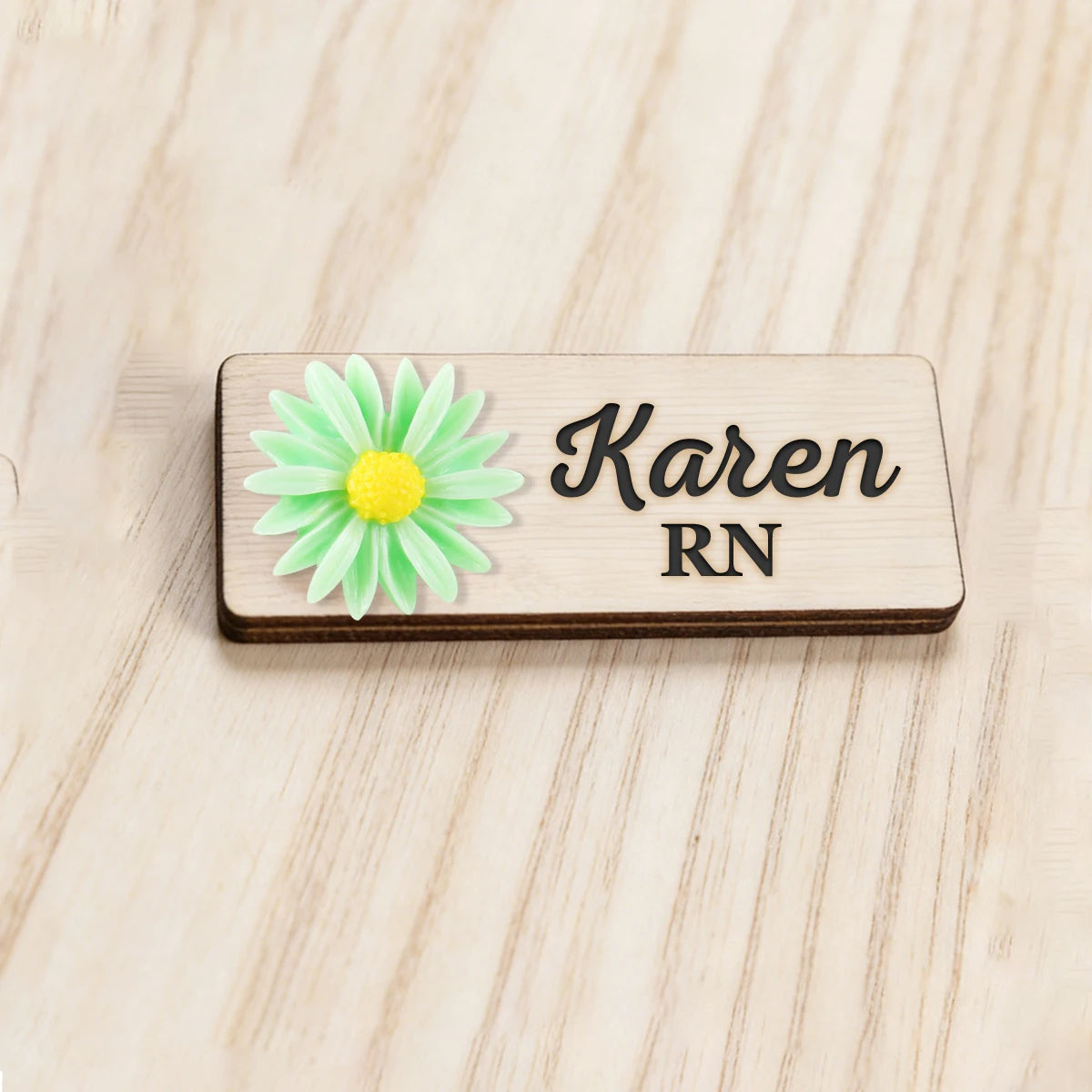 Personalized 3D Chrysanthemum Wooden Name Tag Badge with Magnetic or Pin Backing, Daisy Flower Nurse Teacher Doctor Name Tag,