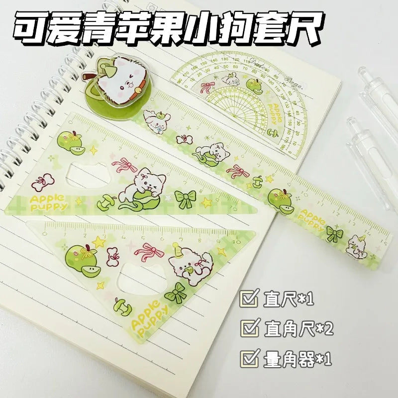 Cartoon 4pcs Ruler Set, Acrylic Straight Ruler Triangle Ruler Protractor, Cute Stationery Measuring Tools for Students