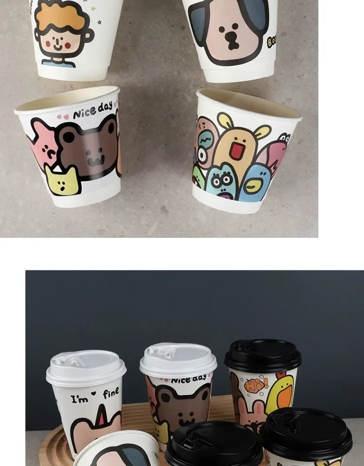 25pcs 90 Caliber Disposable Coffee Cups Fresh Milk Hot Drink Thickened Cartoon Paper Cup Milk Tea Takeaway Packag Cup with Lid