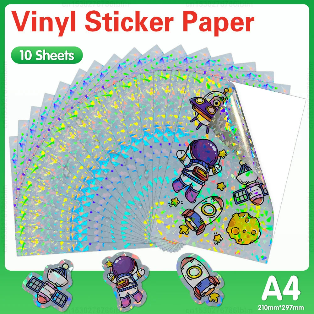 10 Sheets Printable Vinyl Sticker Paper Self-adhesive A4 Copy Paper DIY Holographic Transparent White Labels for Inkjet Printer