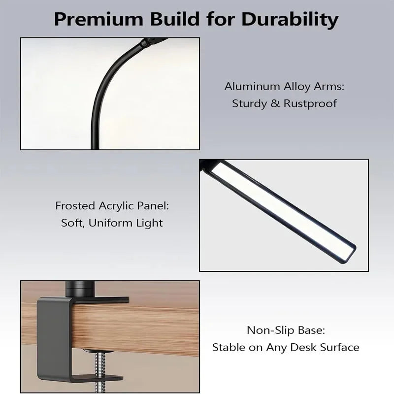 LED Desk Lamp Eye-Caring Desk Light with Stepless Dimming Adjustable Flexible Gooseneck with Clamp for Reading Study Workbench
