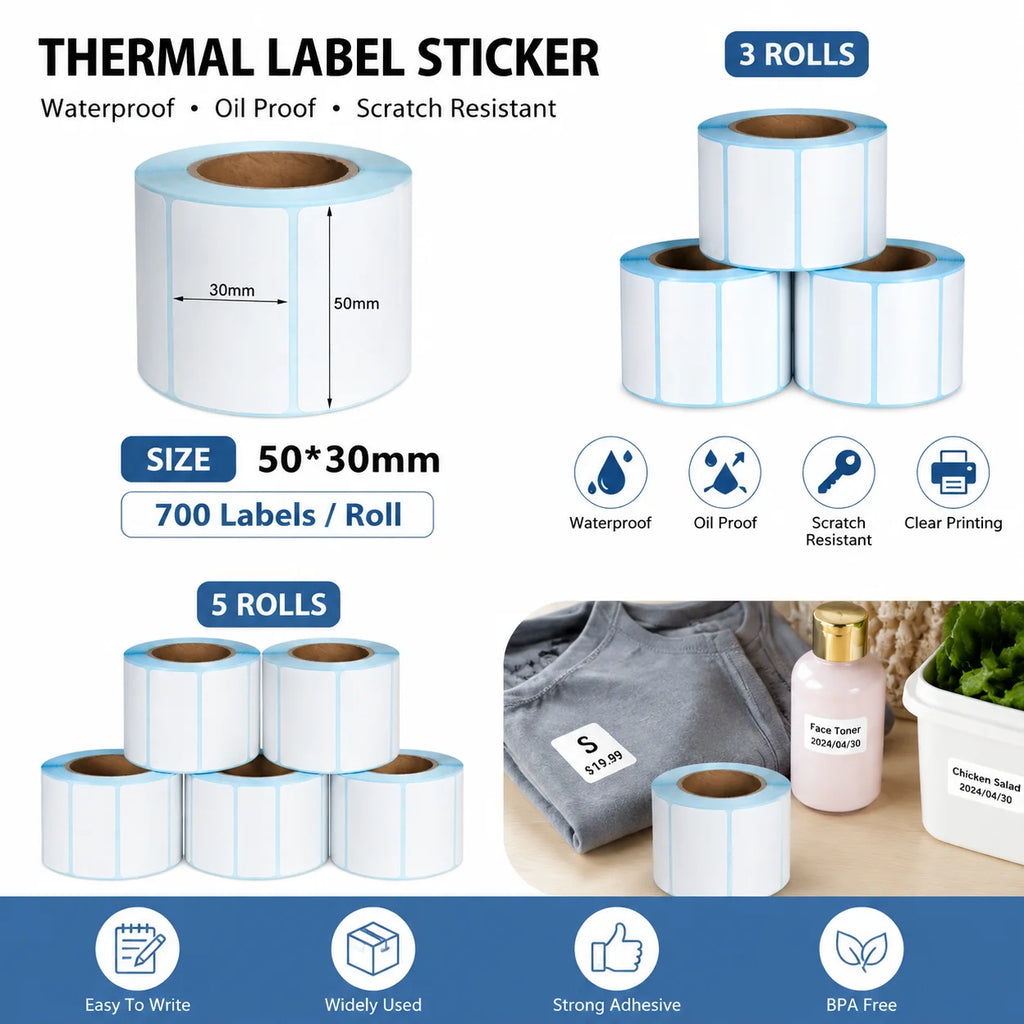 700pcs 50X30mm Perforated Direct Thermal Labels Ink-Free Barcode Stickers for Shipping Address Inventory Desktop Label Printer