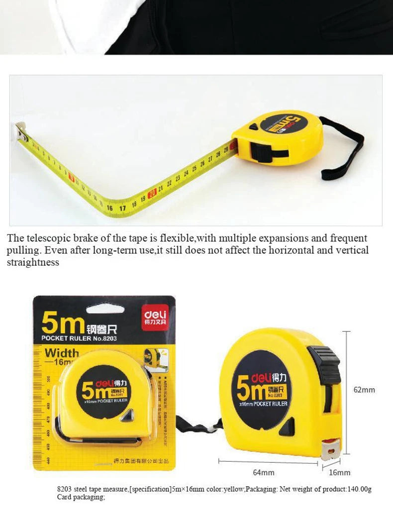 Deli 8202 8203Pocket Ruler Power Tape 3m 5m Length 13mm 16mm Width Tape Flexible Rulers