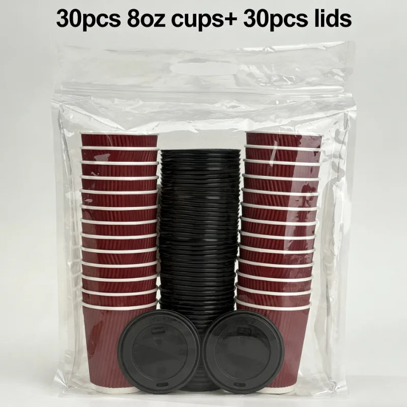 Red Corrugated Disposable Coffee Cups Heat Insulation Cups with Straw for Hot Beverage Ideal for Party Christmas New Year Supply
