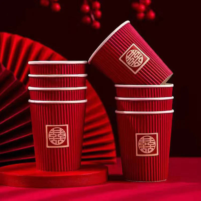 20Pcs/set Chinese Style Cups Wedding Supplies Three-Layer Thickening Disposable Wedding Decoration Red Cups for Party Supplies