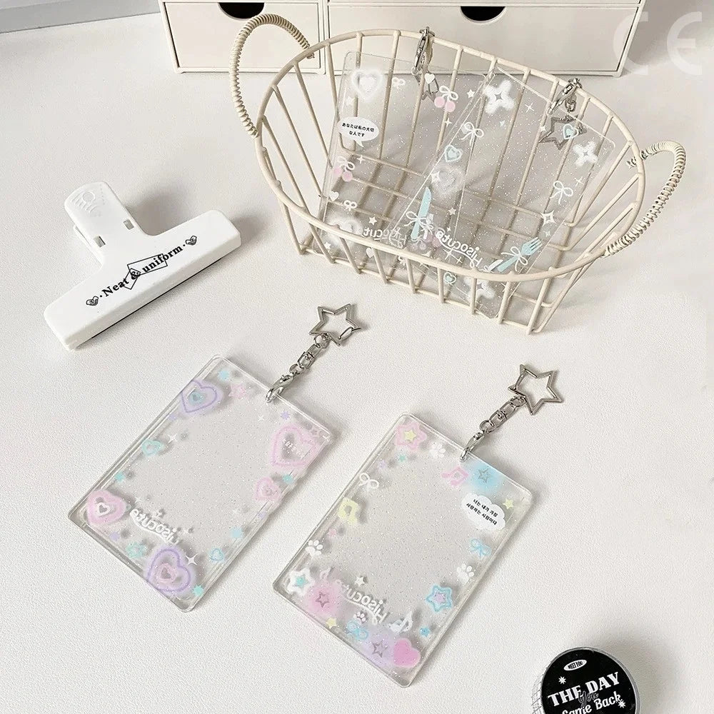 1PC Colorful Graffiti Love Glitter Card Sleeve Transparent Three-inch Mini Card Protector Key Chain Pendant Photo Holder