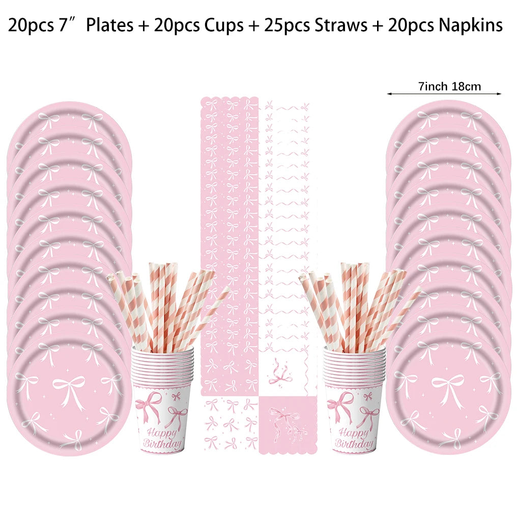 Pink bow Birthday Disposable Tableware Set Paper Plates Cups Napkins Girls Party Decoration Supplies