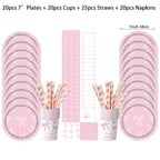 Pink bow Birthday Disposable Tableware Set Paper Plates Cups Napkins Girls Party Decoration Supplies