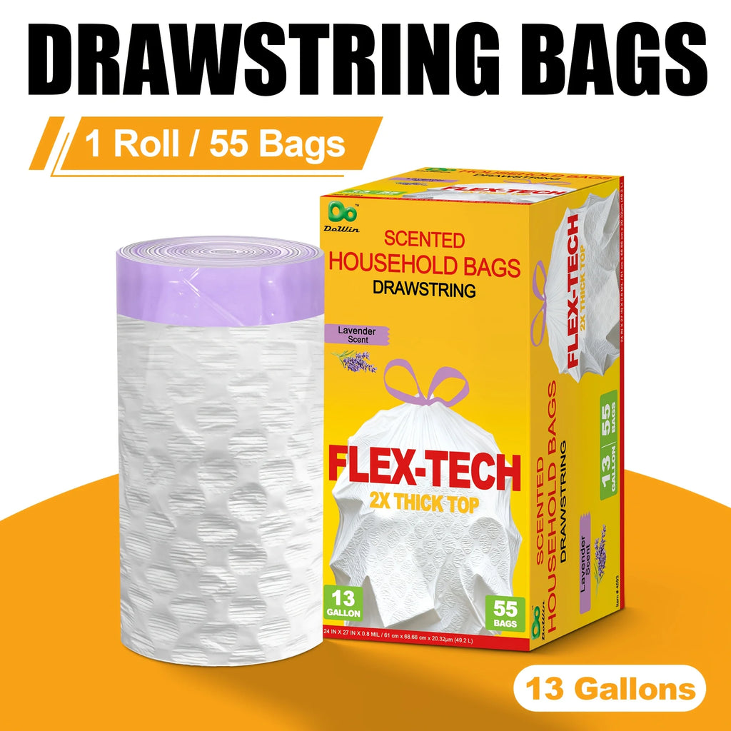 13 Gallon Lavender Scented Drawstring Trash Bags, Odor Neutralizing Household Garbage Bags, Flex-Tech 2X Reinforced Thick Top Ki