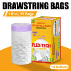 13 Gallon Lavender Scented Drawstring Trash Bags, Odor Neutralizing Household Garbage Bags, Flex-Tech 2X Reinforced Thick Top Ki