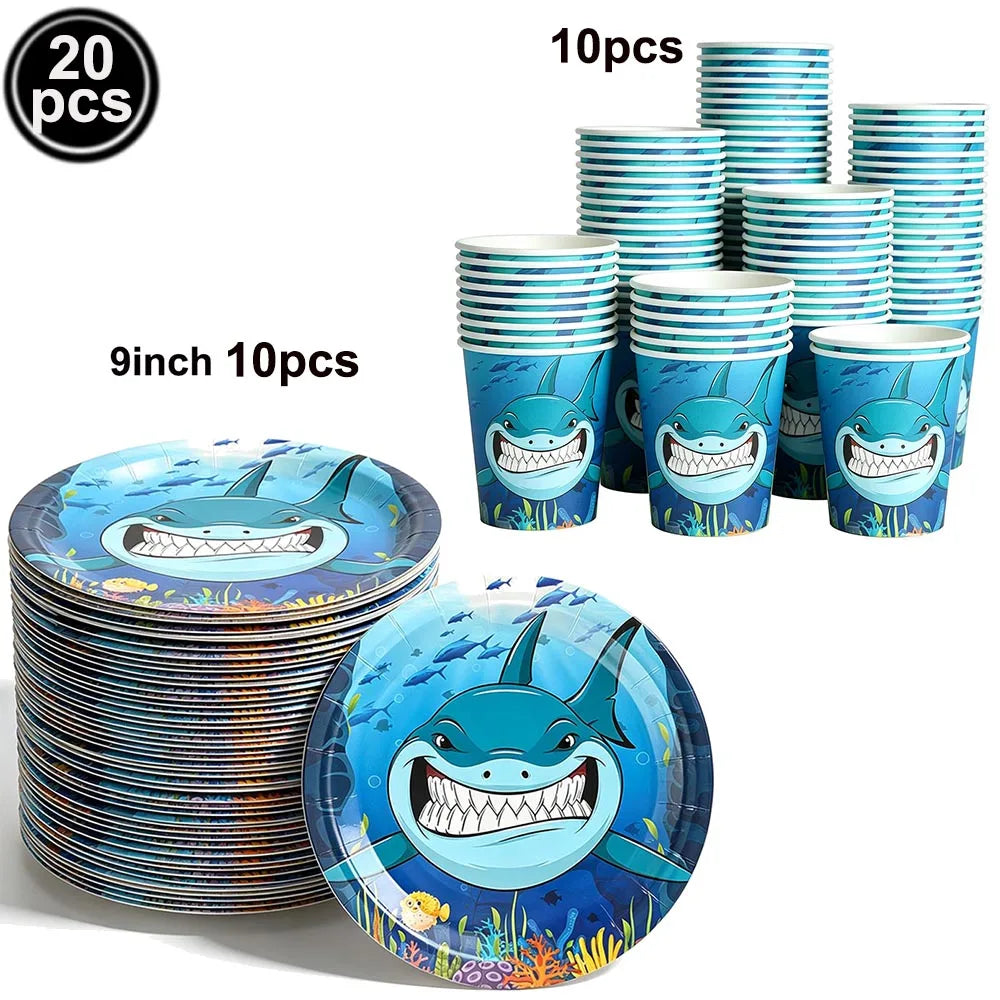 Ocean Shark Theme Disposable Tableware Cute Cartoon Marine Animal Plastic Tablecloth Kids Birthday Party Baby Shower Decor