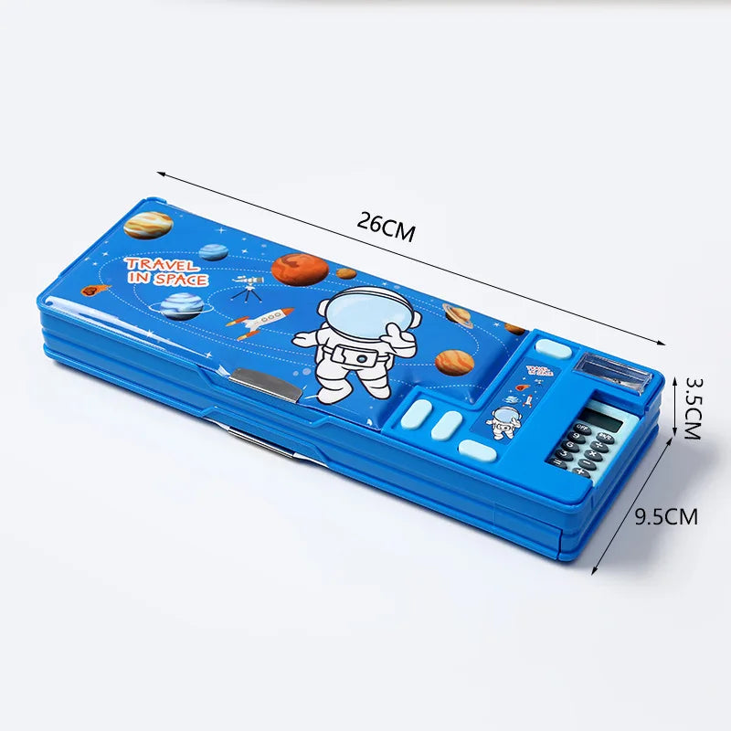 Built-in Calculator Plastic Stationery Box for Primary School Students Double-sided Open Pencil Case Creative Multi-functional