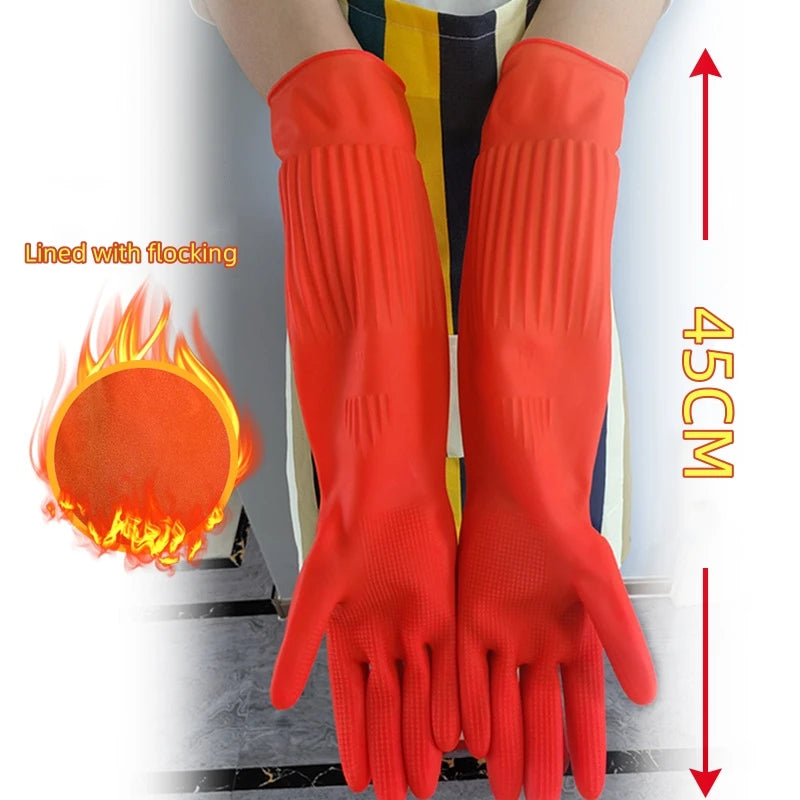 Latex Dish Washing Gloves Lined with Flocking Thick Nonslip Kitchen Housework Cleaning Gloves Washing Clothes Rubber Red Gloves