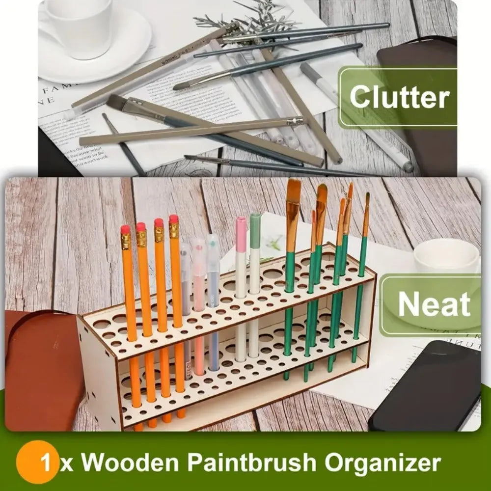 67-Slot Wooden Brush Holder Premium Double-layer Durable Artist Desk Organizer Pencil Paint Brushes Storage Art Craft
