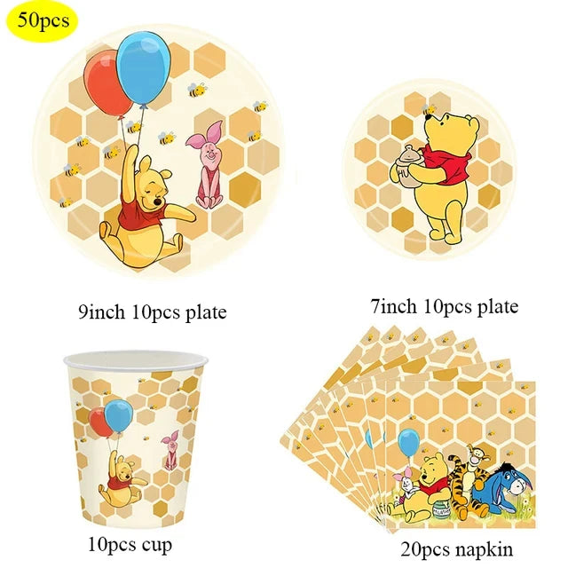 Winnie The Pooh Birthday Party Decoration Plates Napkins Table Cover Balloons Banner Baby Shower Serves 10 Guests Baby Shower
